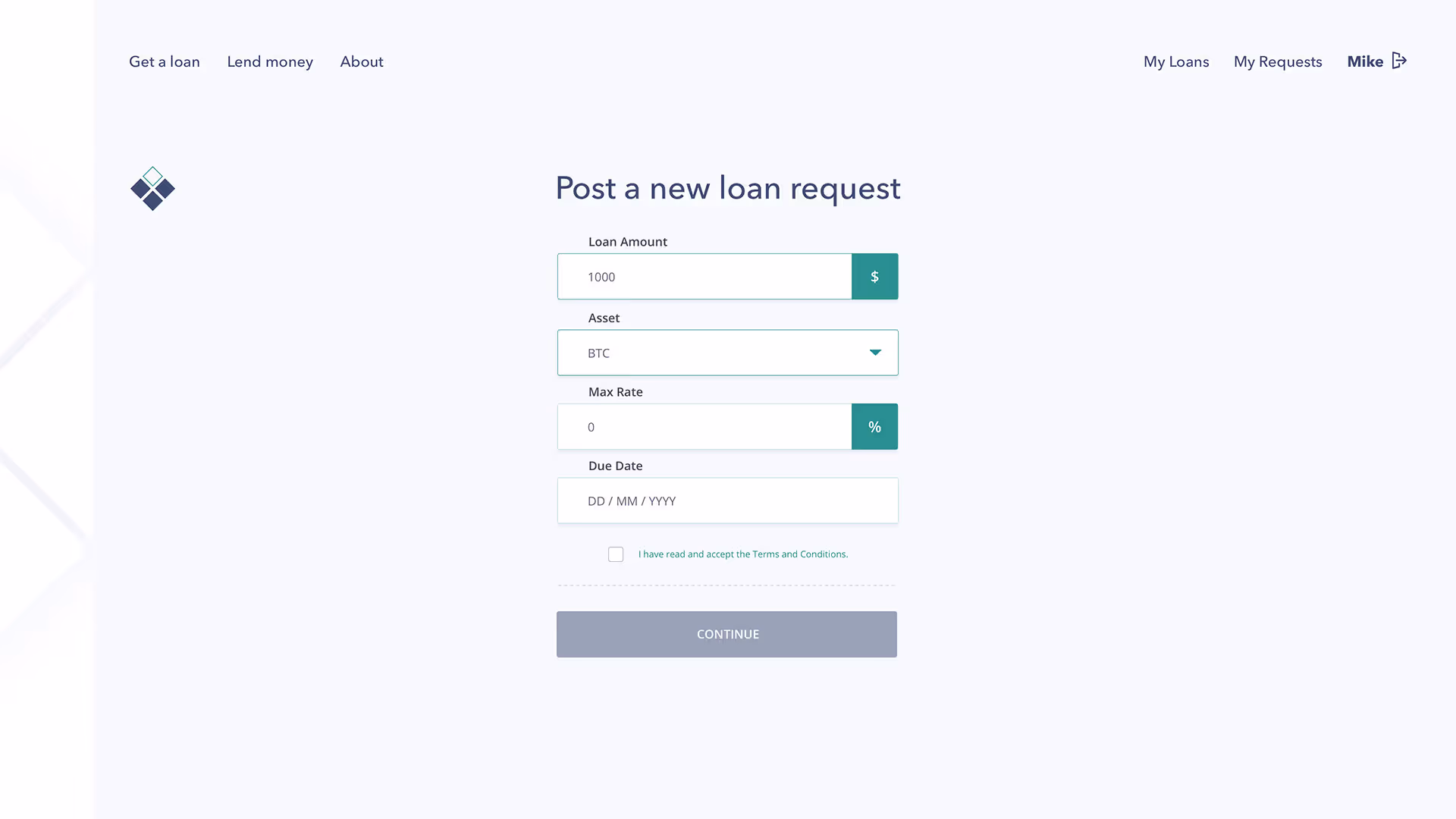 Xtech crypto loan request screen at max rate