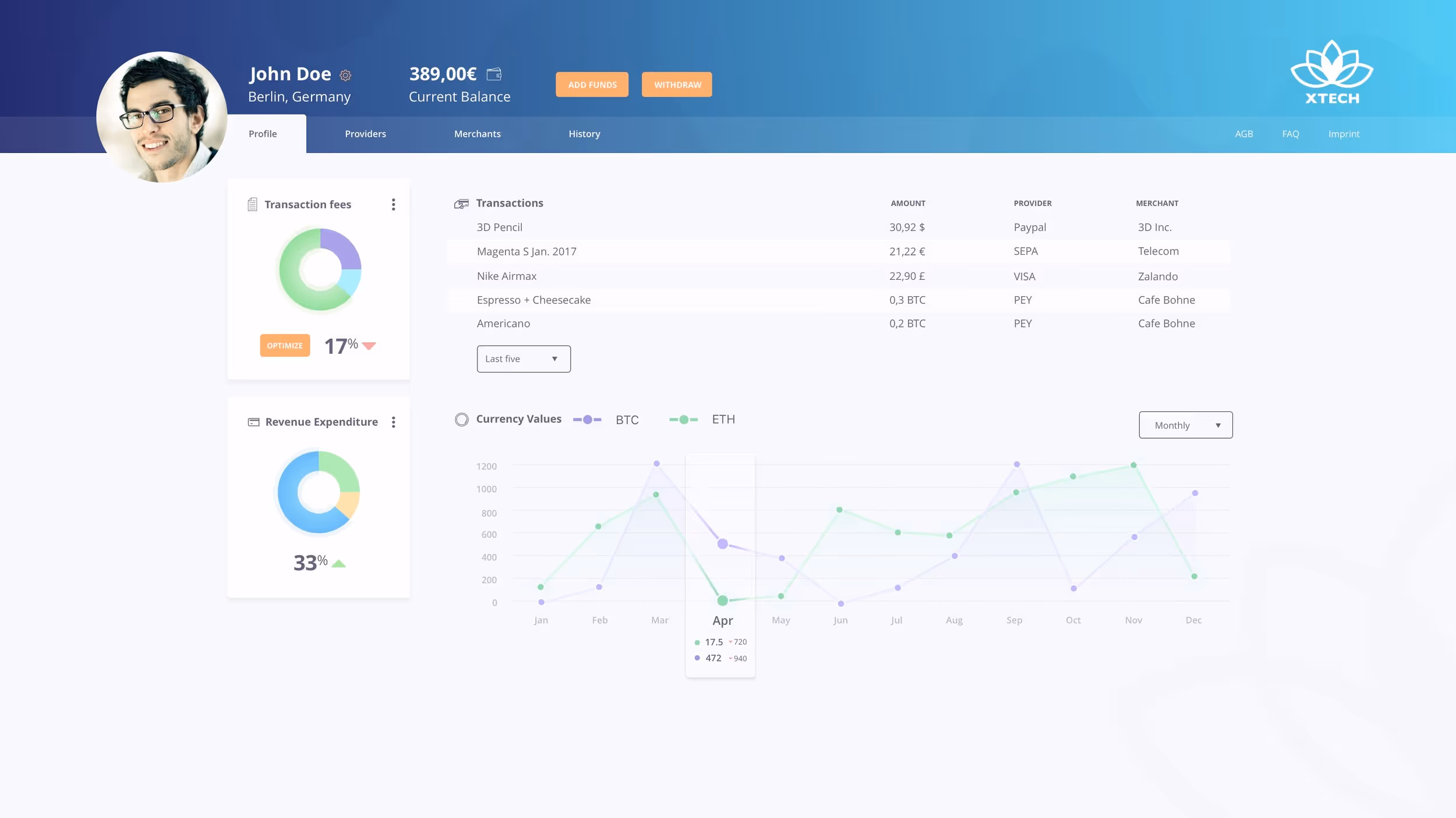 Xtech cryptocurrency wallet UI design